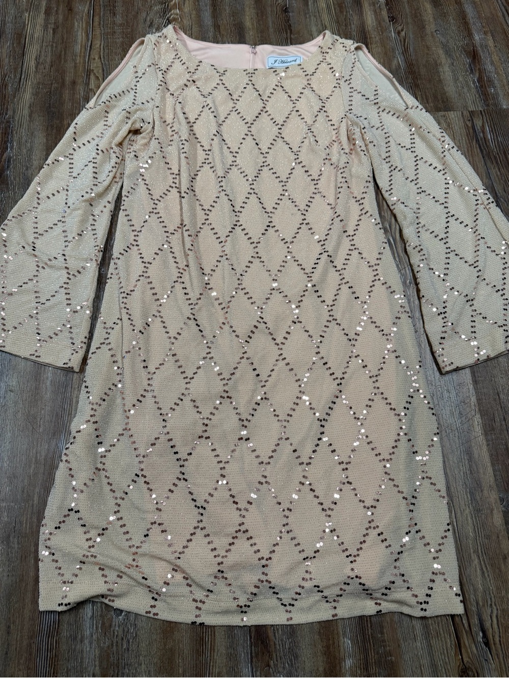 Vintage J Howard cream sequin dress with diamond pattern and cut out shoulder de